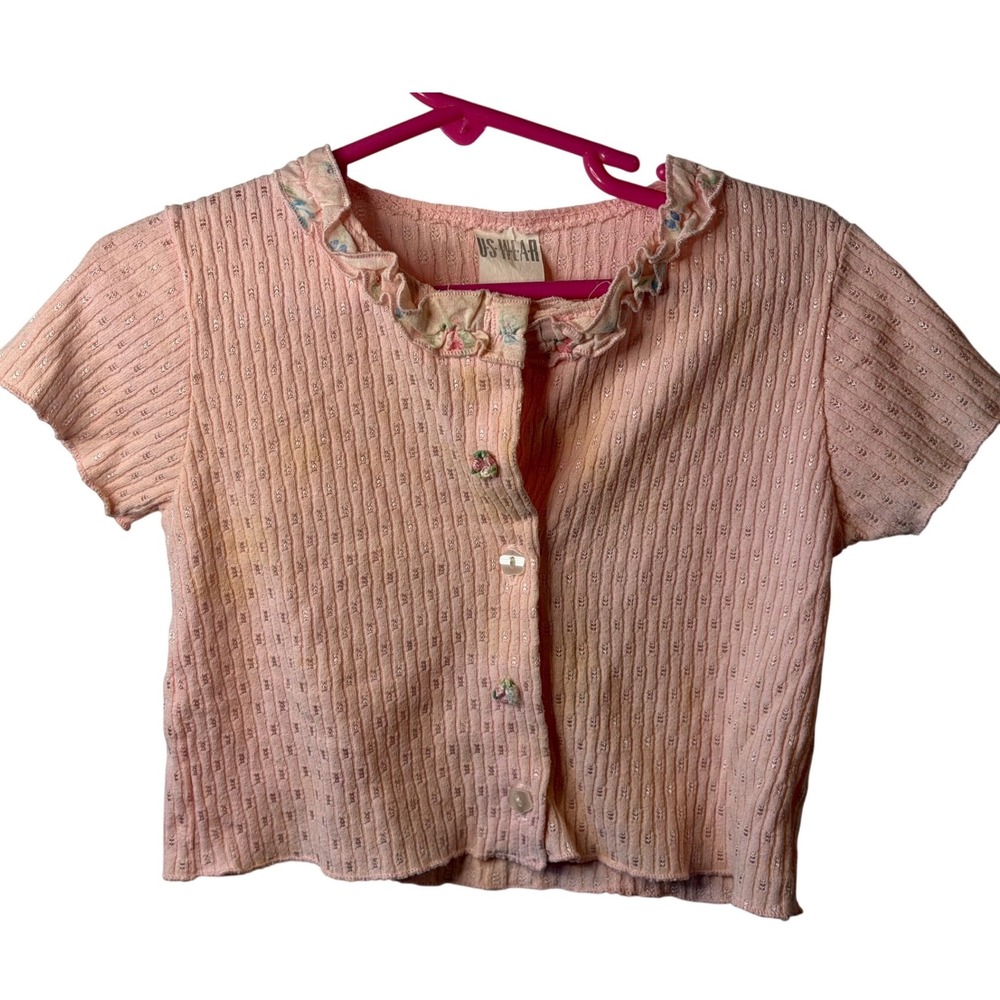 VTG US Wear Cardigan Pink 90s Pointelle Floral Ruffle Trim Girls Knit Sweater 4T